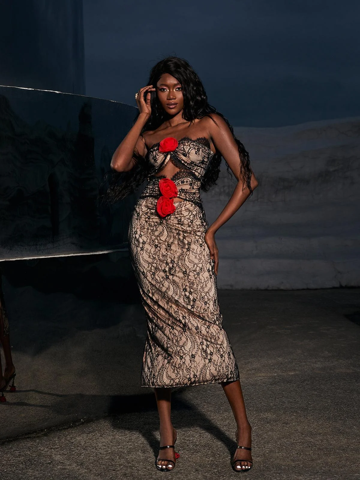 Patchwork Lace Cocktail Midi Dress Black