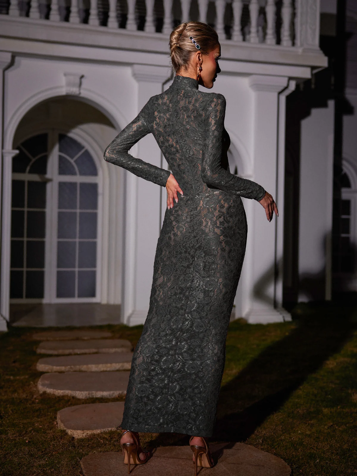 Black Lace Maxi Dress with Long Sleeves