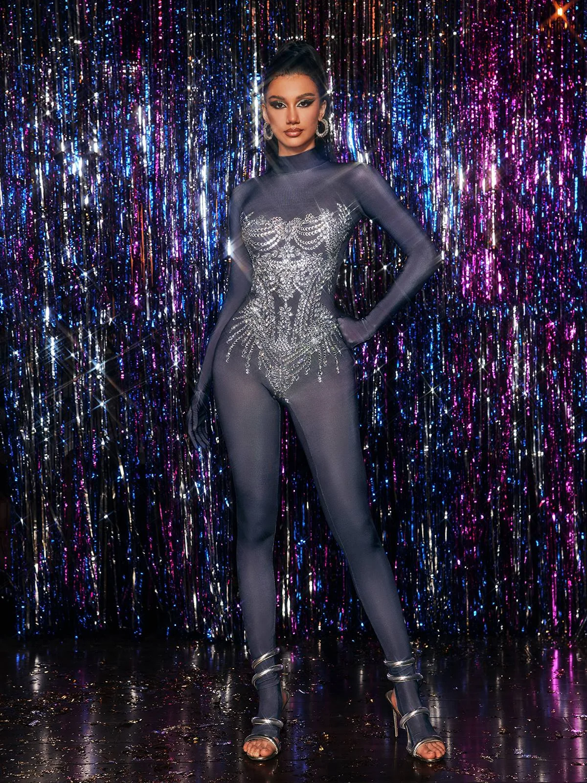 Black Rhinestone Embellished Long Sleeve Jumpsuit