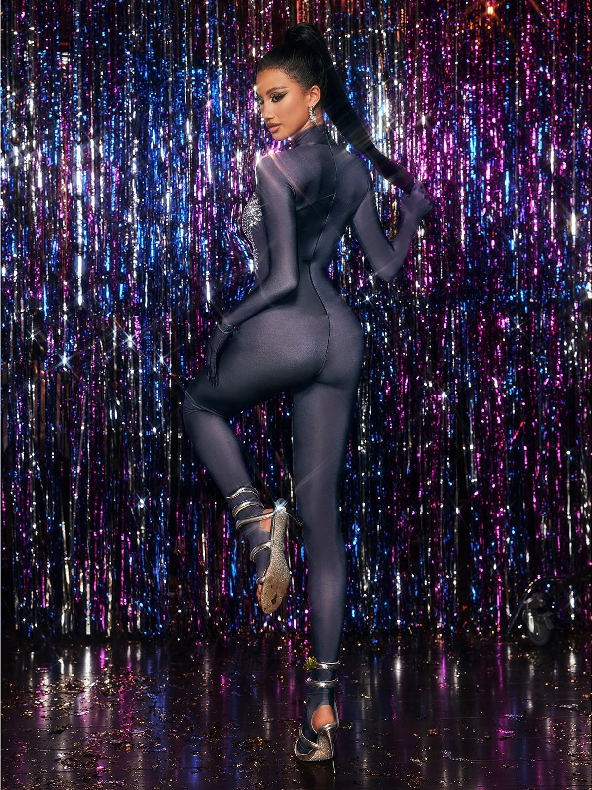 Black Rhinestone Embellished Long Sleeve Jumpsuit