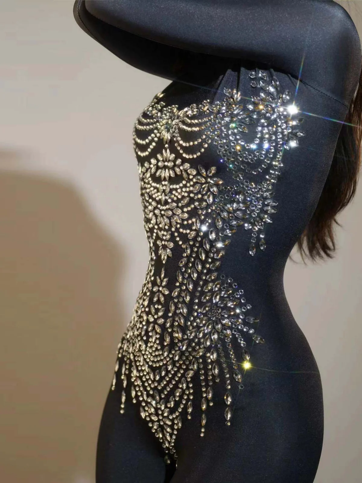Black Rhinestone Embellished Long Sleeve Jumpsuit