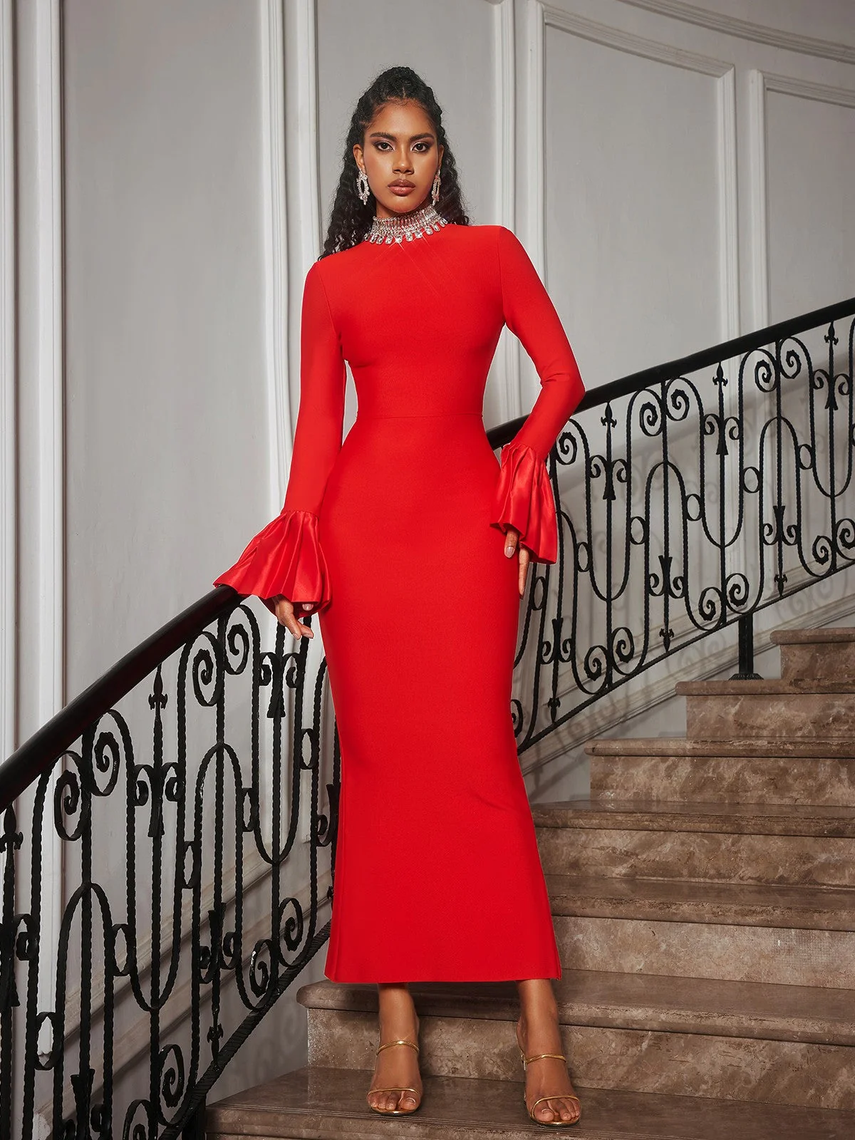 Red Rhinestone Bandage Flounce Sleeve Dress