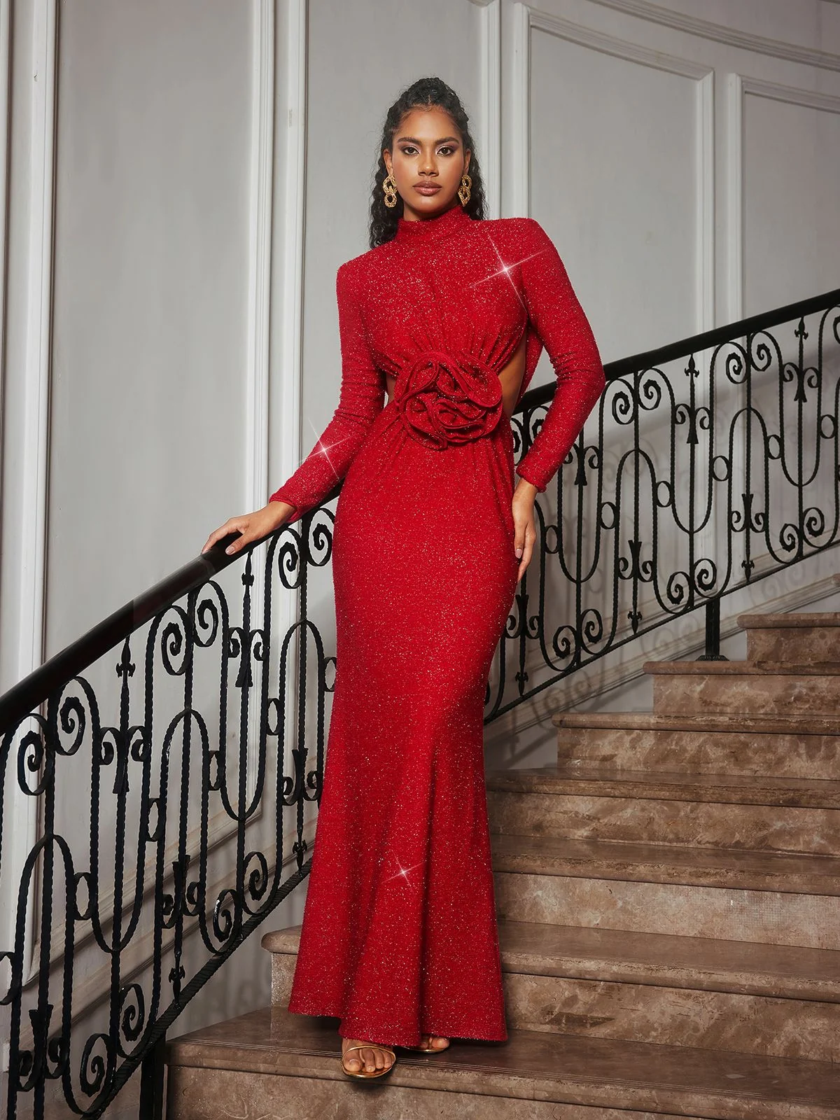 Glitter Flower Cutout Party Dress - Long Sleeve Charm