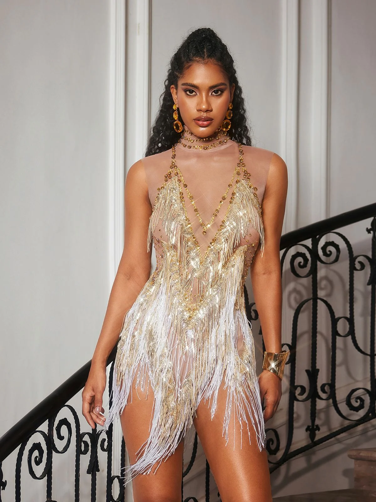 Gold Rhinestone Fringe Mesh Mini Bodysuit - Unique Glamorous Design