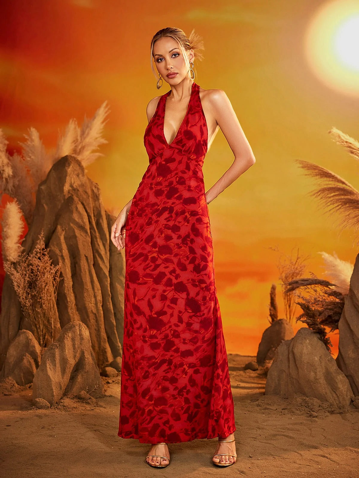 Floral Halterneck Maxi Dress - Elegant & Comfortable