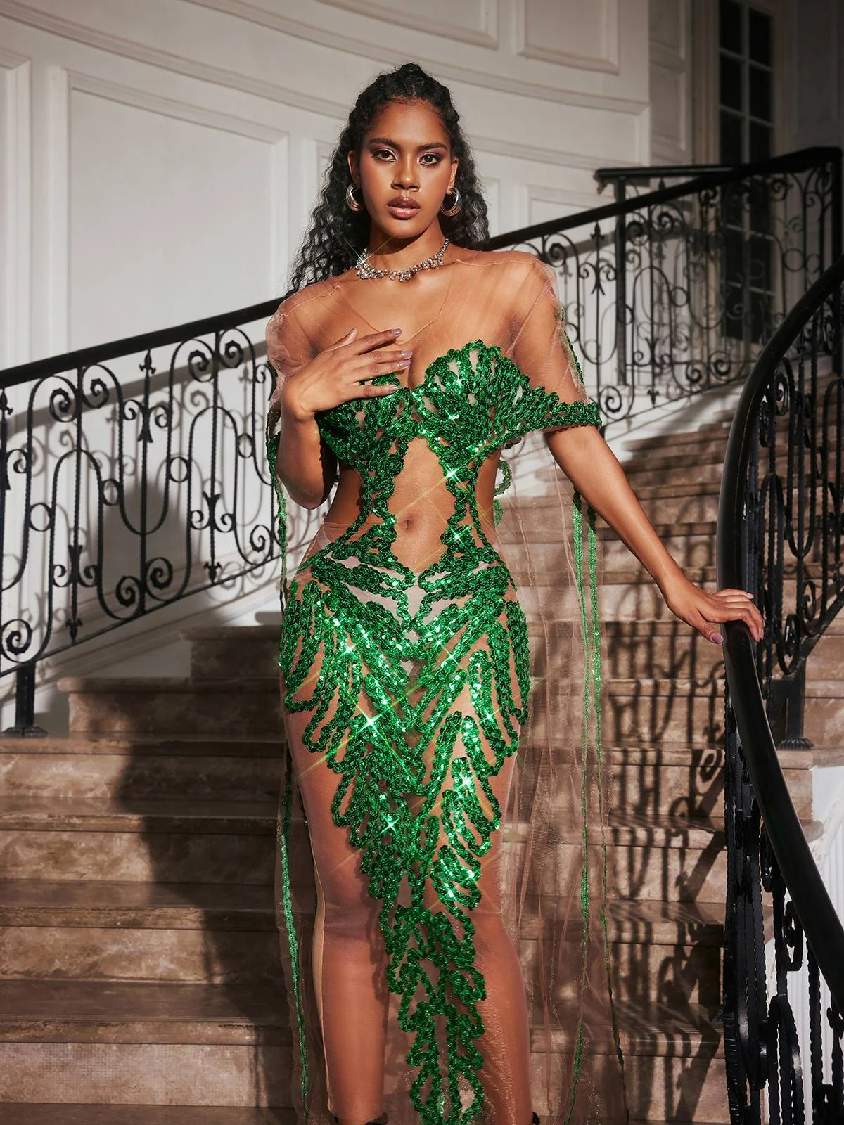 Sequin Embellished Maxi Dress - Elegant Evening Gown