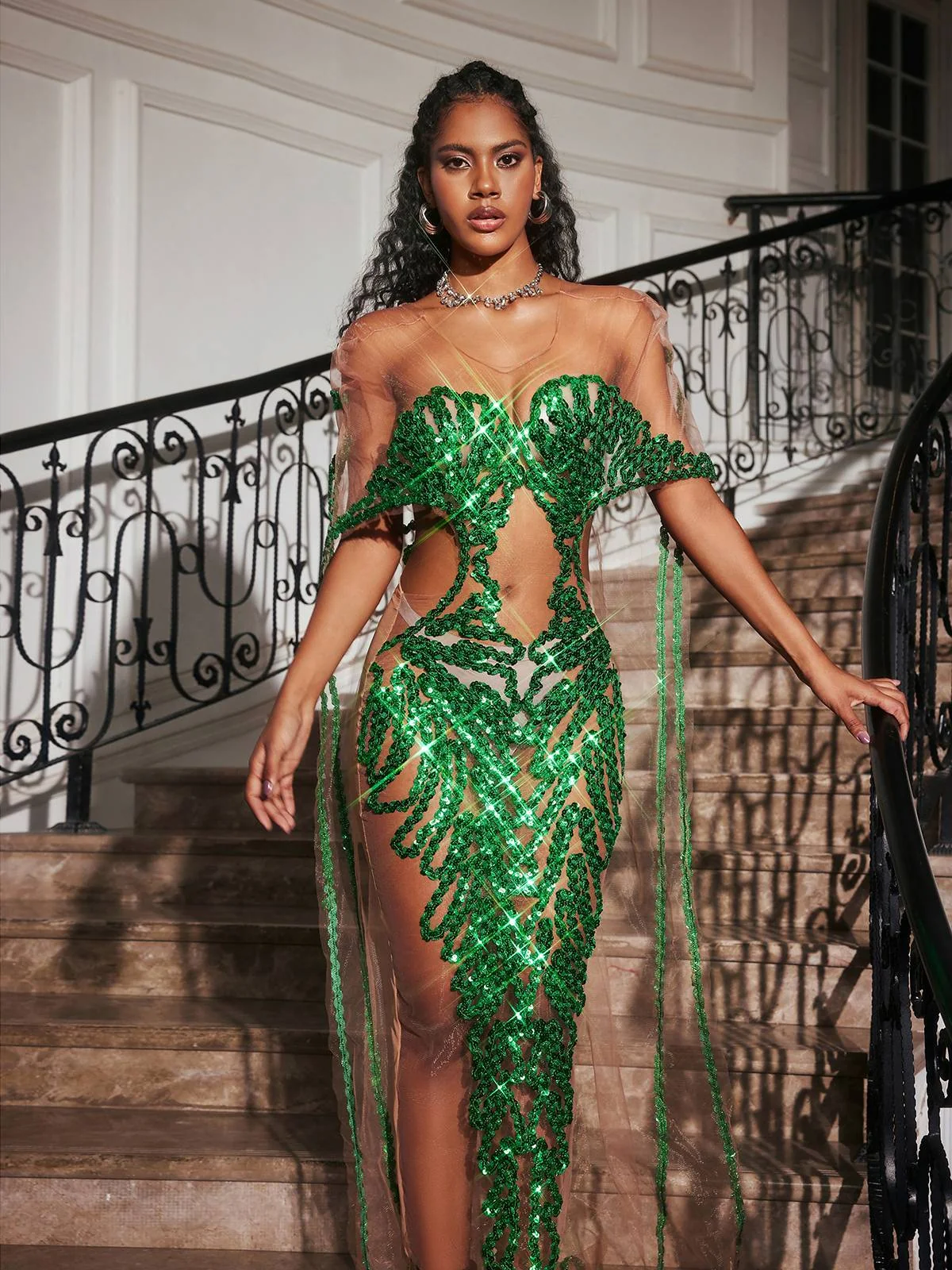 Sequin Embellished Maxi Dress - Elegant Evening Gown