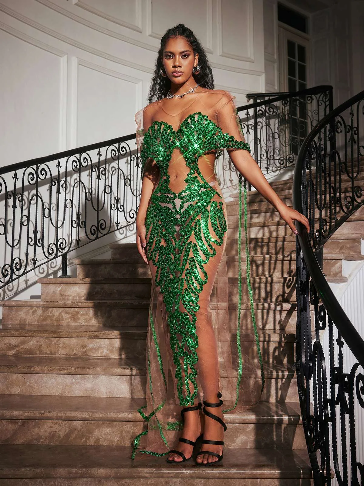 Sequin Embellished Maxi Dress - Elegant Evening Gown