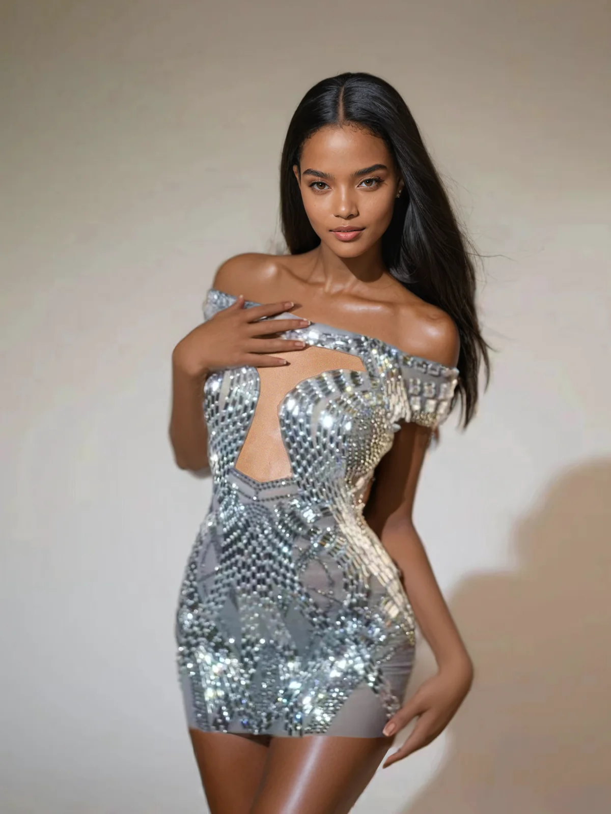 Silver Off-Shoulder Rhinestone Mini Dress - Glamorous Party Wear