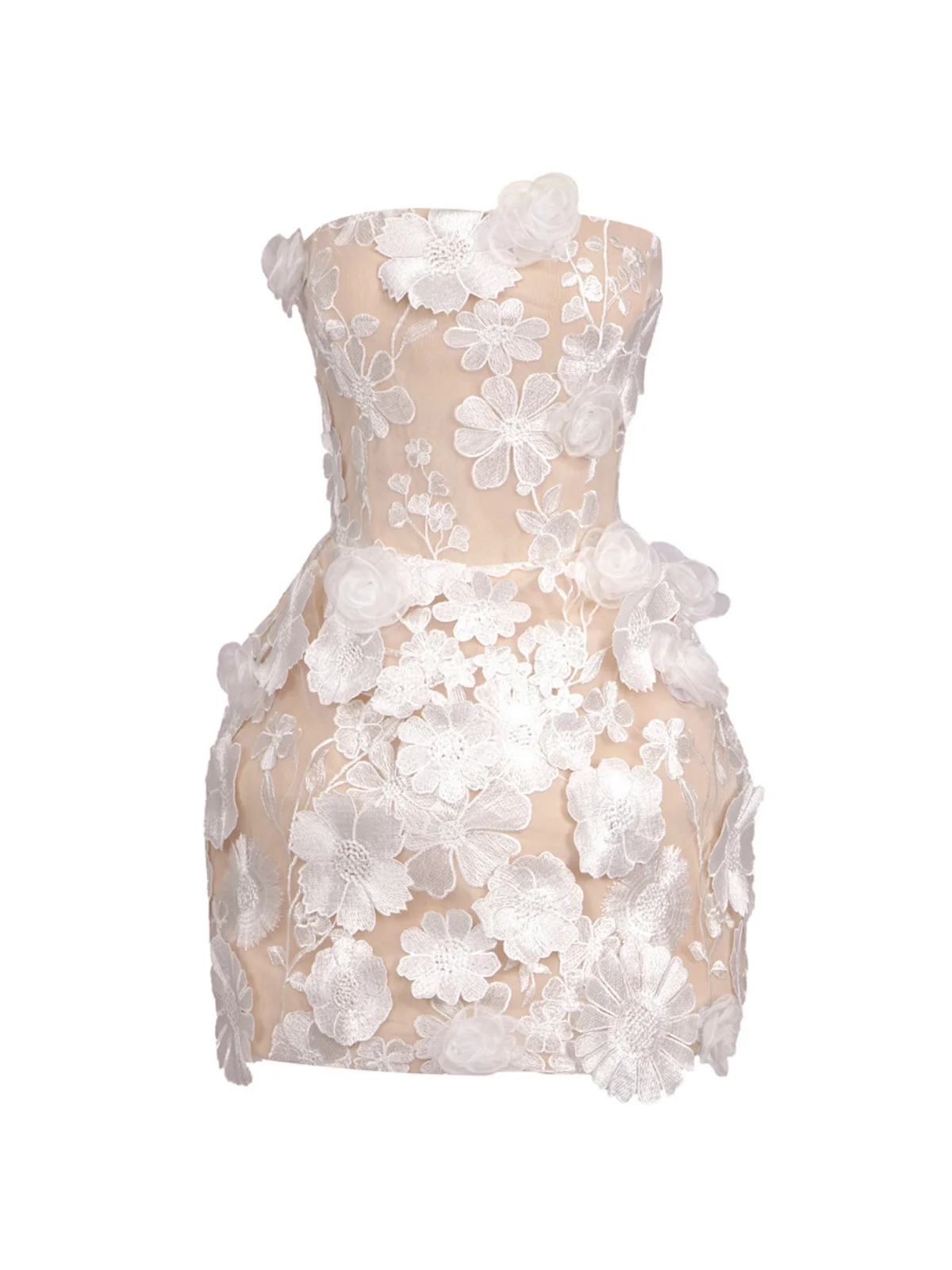 White Strapless Flower Embroidered Mini Dress