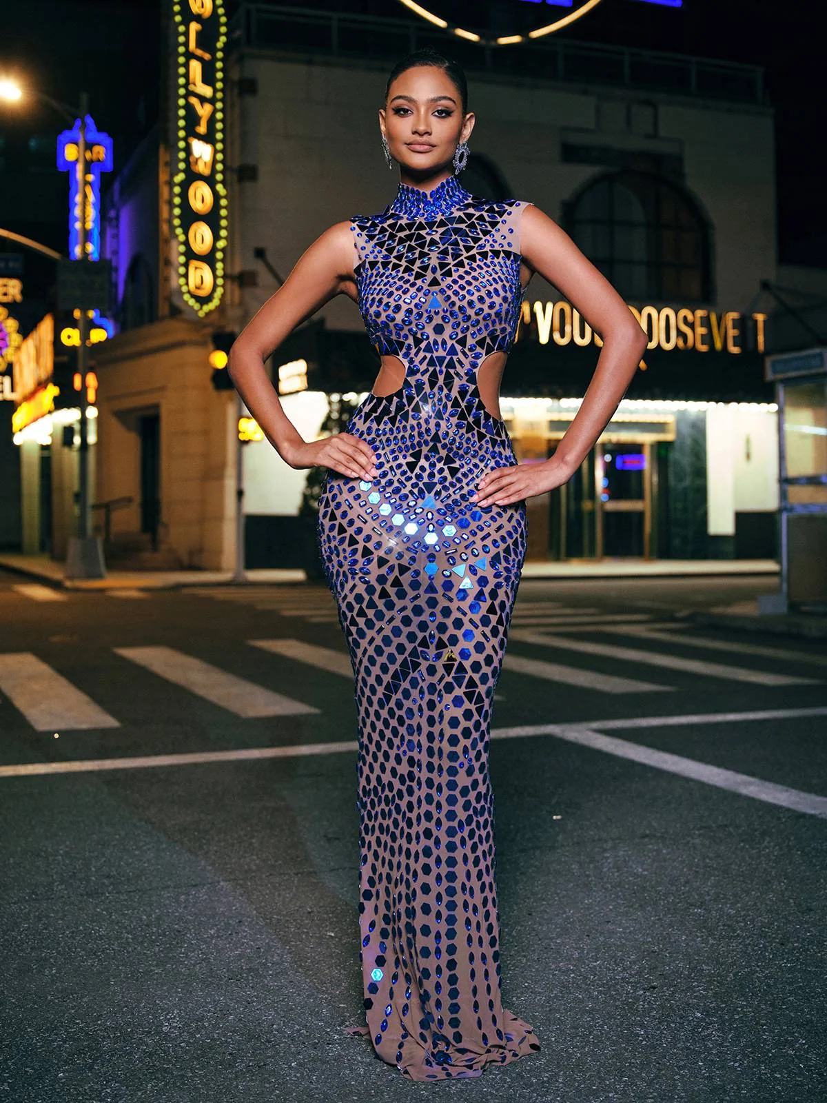 Sleeveless High Neck Rhinestone Maxi Dress