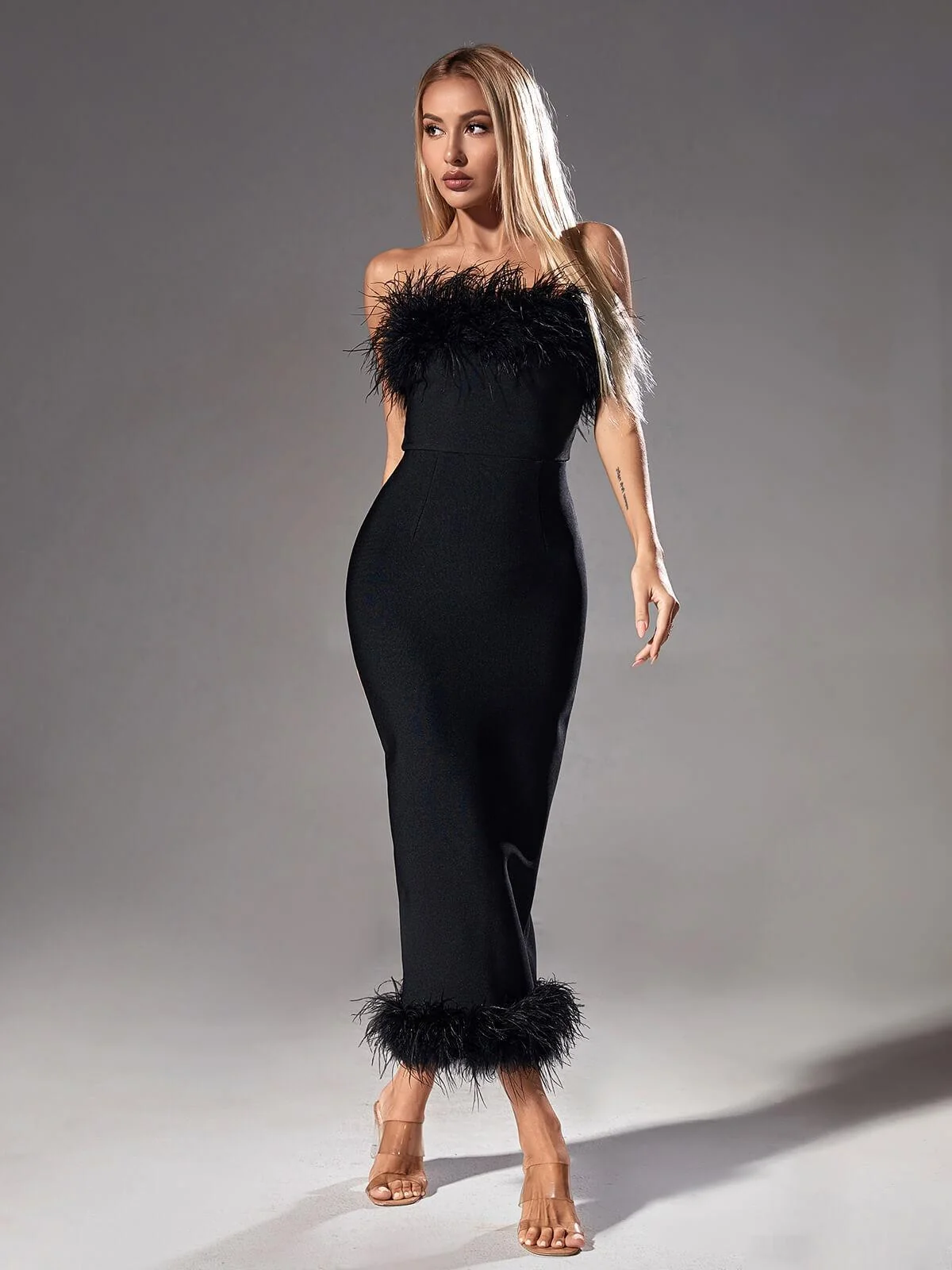 Black Bandage Feather Trim Strapless Dress