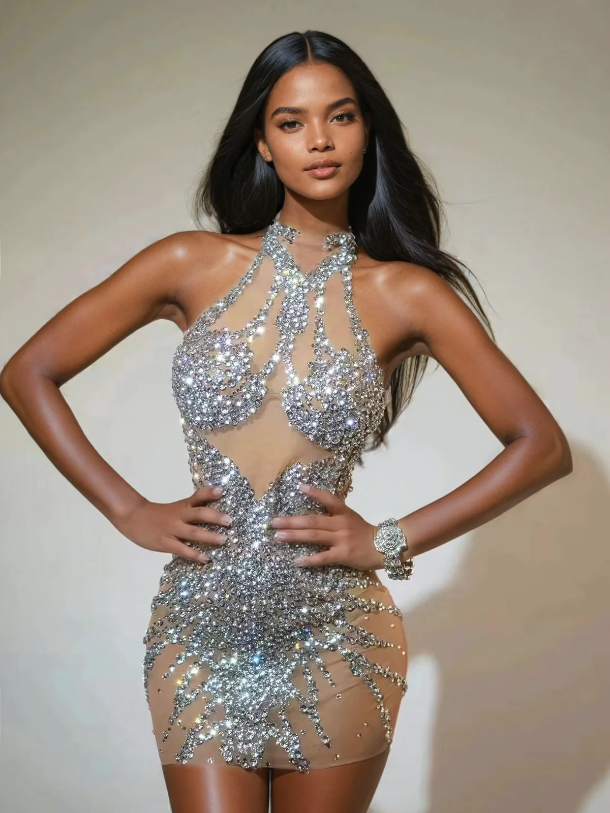 Silver Rhinestone Halterneck Mini Dress - Glamorous Evening Wear