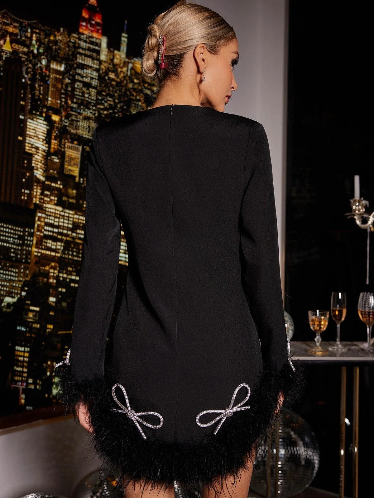 Crystal Feather Statement Sleeve Mini Dress