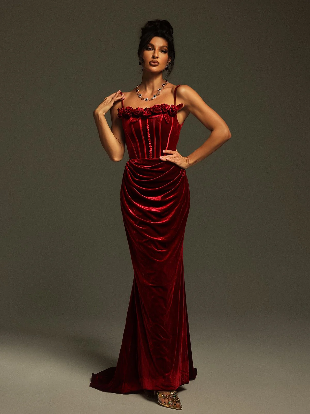 Red Velvet Spaghetti Maxi Dress - Elegant Floral Design