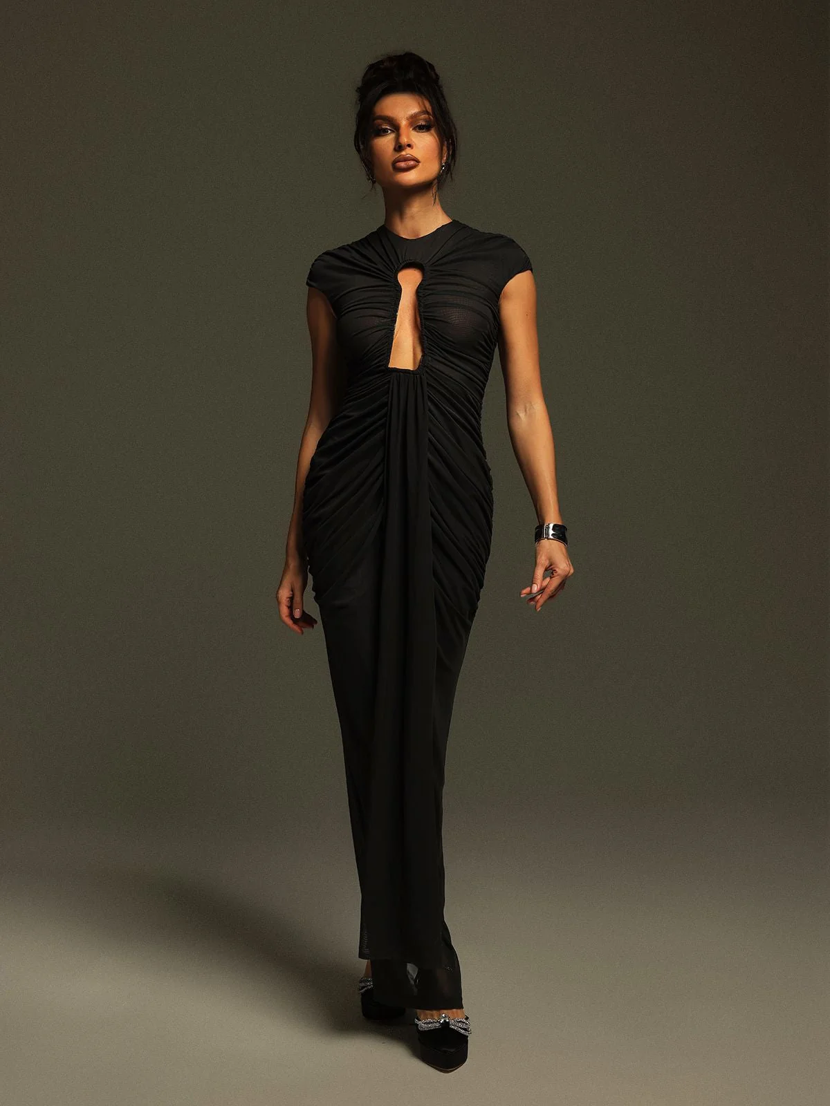 Black Ruched Cutout Maxi Dress