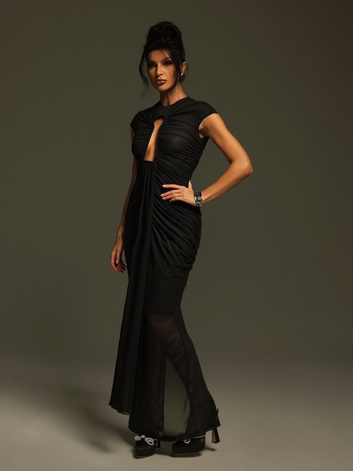 Black Ruched Cutout Maxi Dress