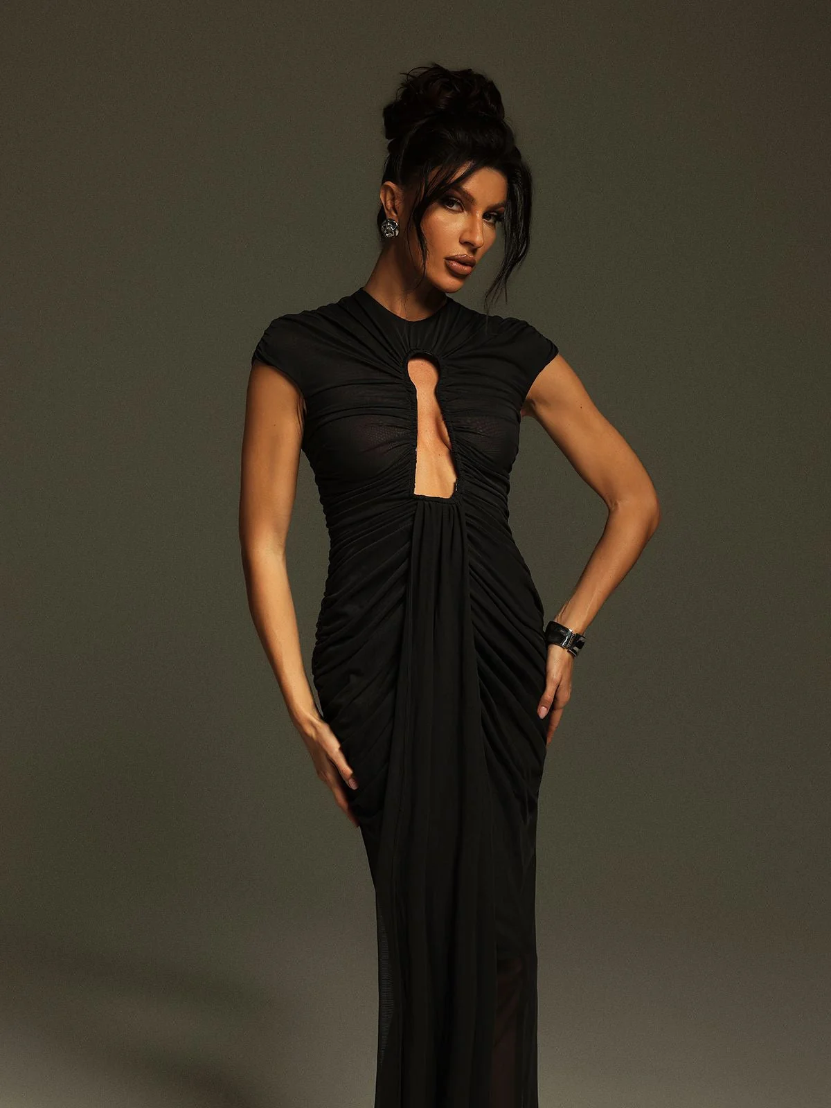 Black Ruched Cutout Maxi Dress