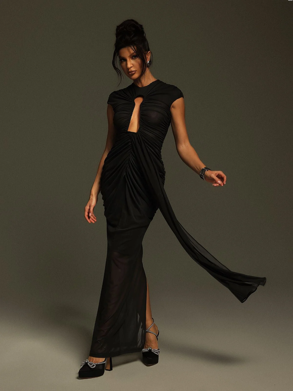 Black Ruched Cutout Maxi Dress