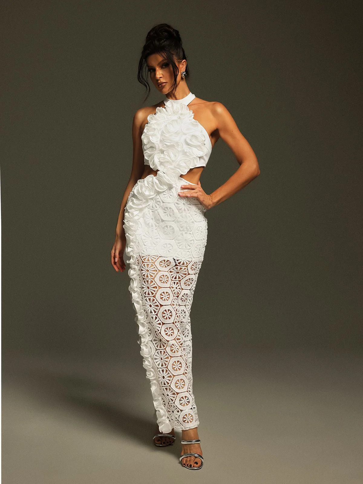 White Halterneck Bandage Maxi Dress