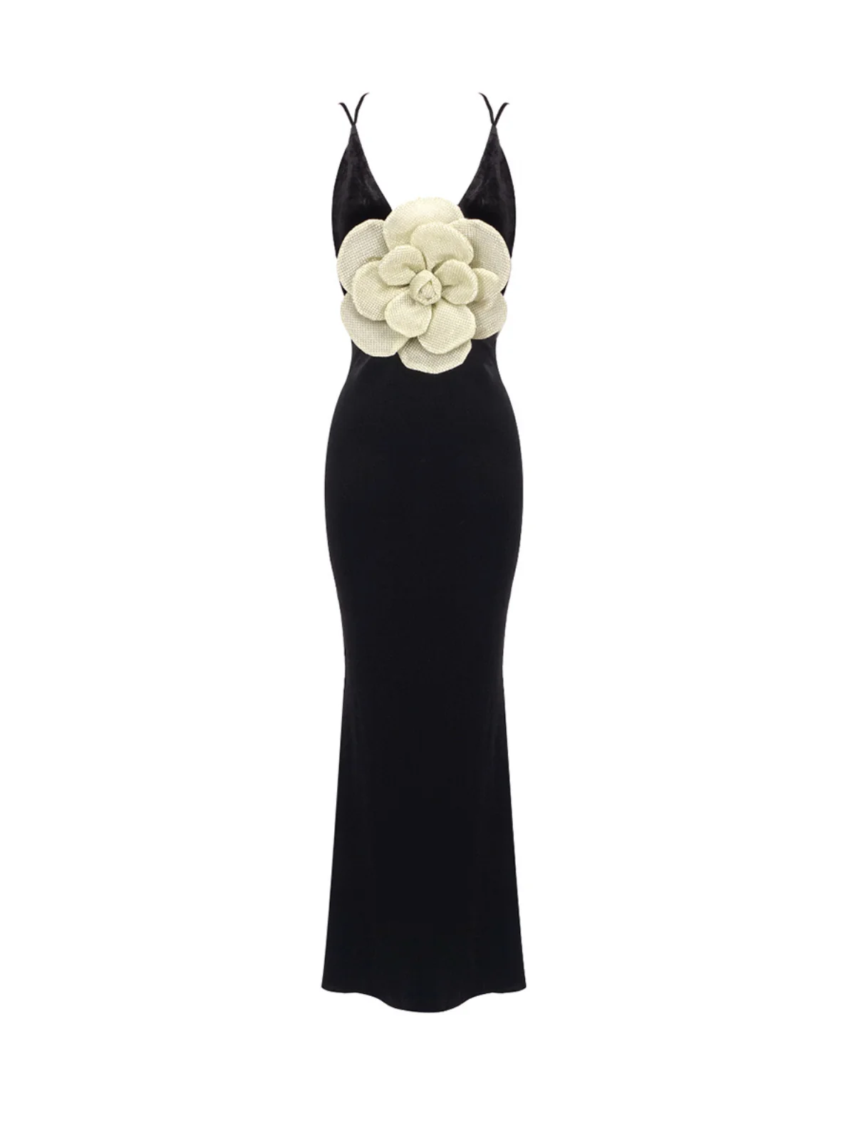 Velvet Flower Plunge Neck Maxi Dress - Elegant Black Cocktail Attire