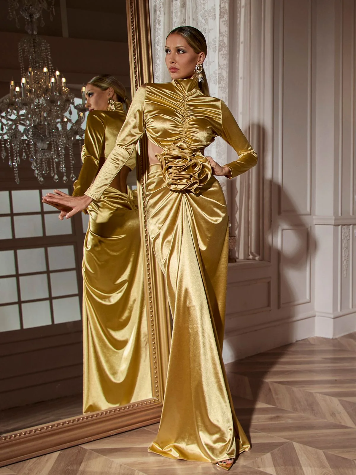 Elegant Gold Flower Cutout Maxi Dress with Long Sleeves