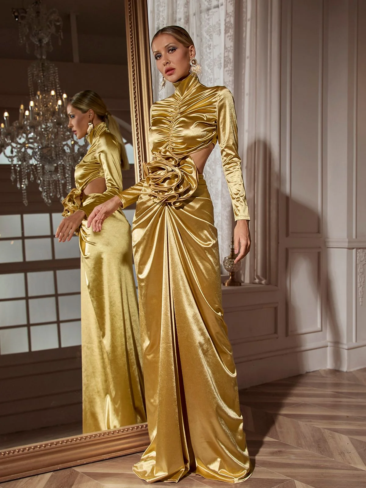 Elegant Gold Flower Cutout Maxi Dress with Long Sleeves