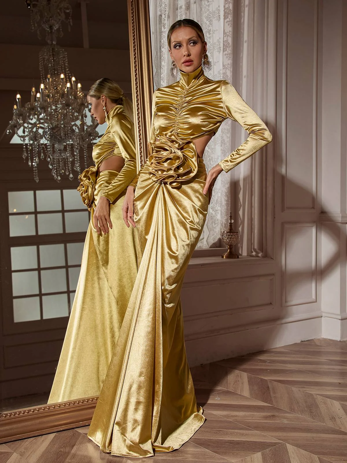 Elegant Gold Flower Cutout Maxi Dress with Long Sleeves
