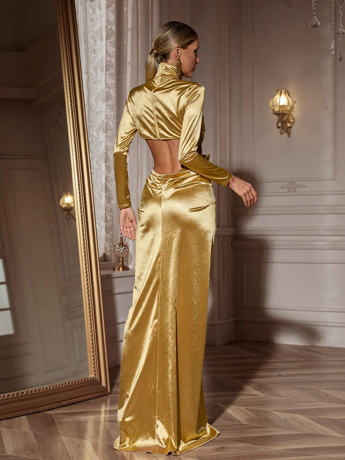 Elegant Gold Flower Cutout Maxi Dress with Long Sleeves