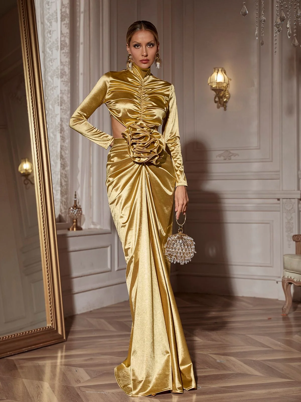 Elegant Gold Flower Cutout Maxi Dress with Long Sleeves