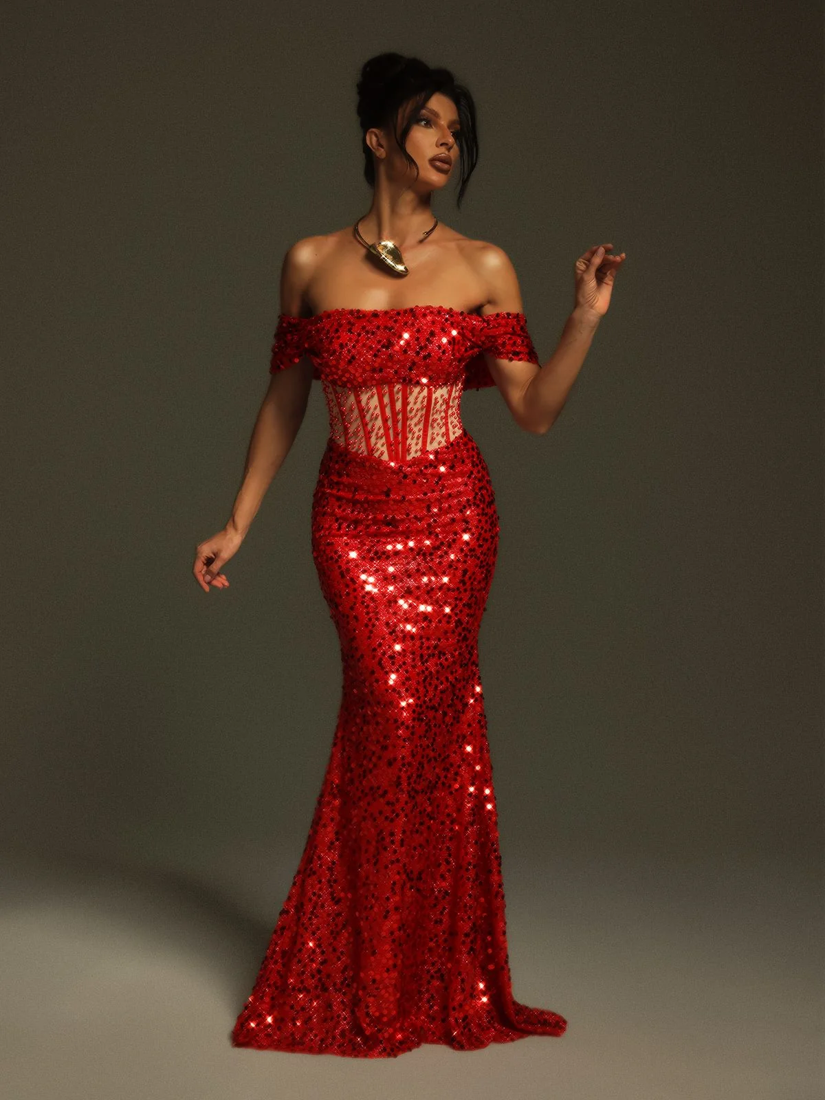 Elegant Sequin Corset Maxi Dress - Off Shoulder Design