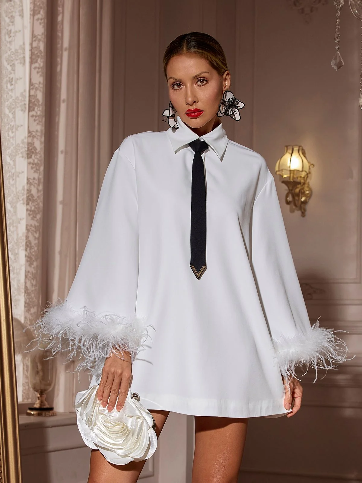 White Folded Collar Feather Mini Dress - Elegant & Stylish