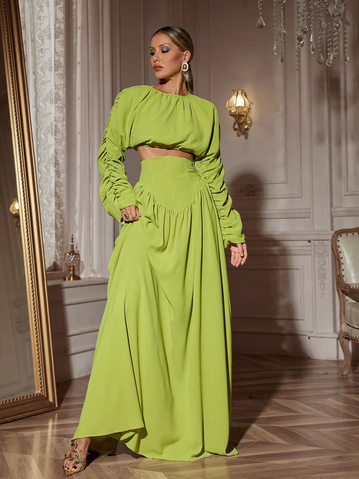 Ruched Long Sleeve Skirt Set in Green Lace-Up Detail