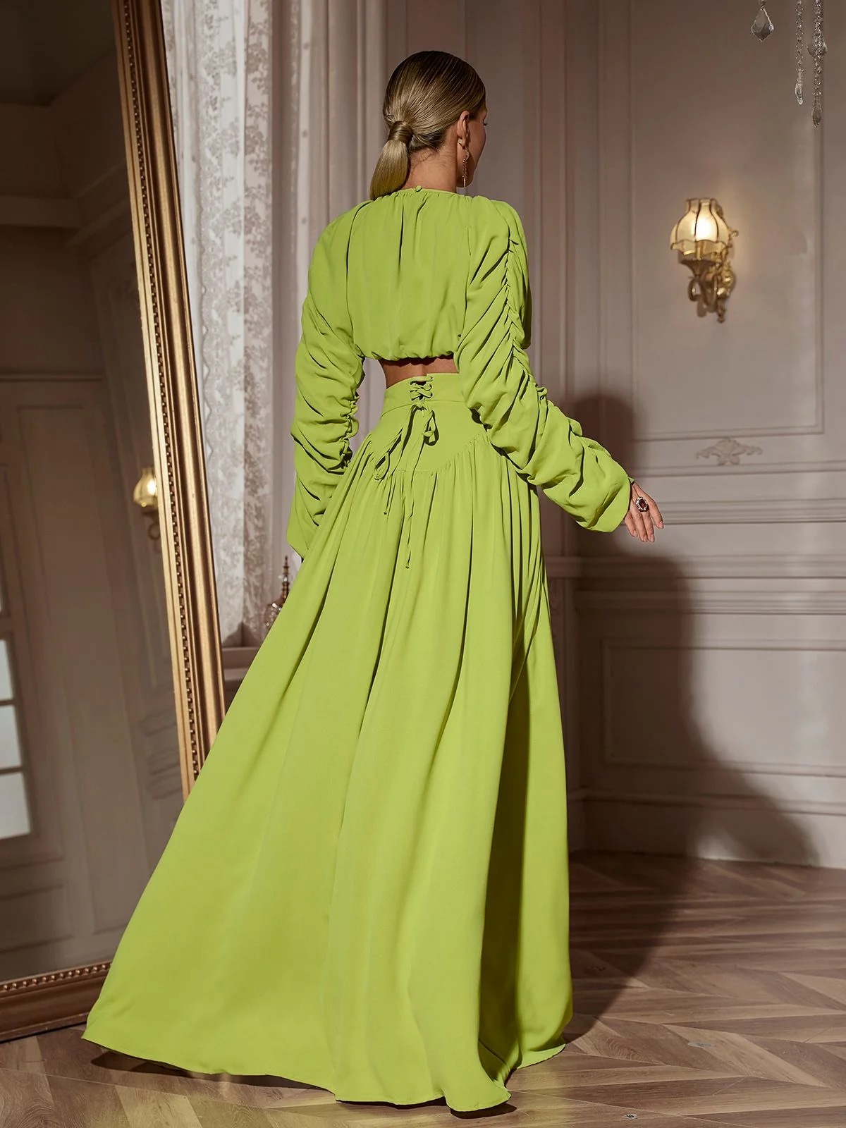 Ruched Long Sleeve Skirt Set in Green Lace-Up Detail