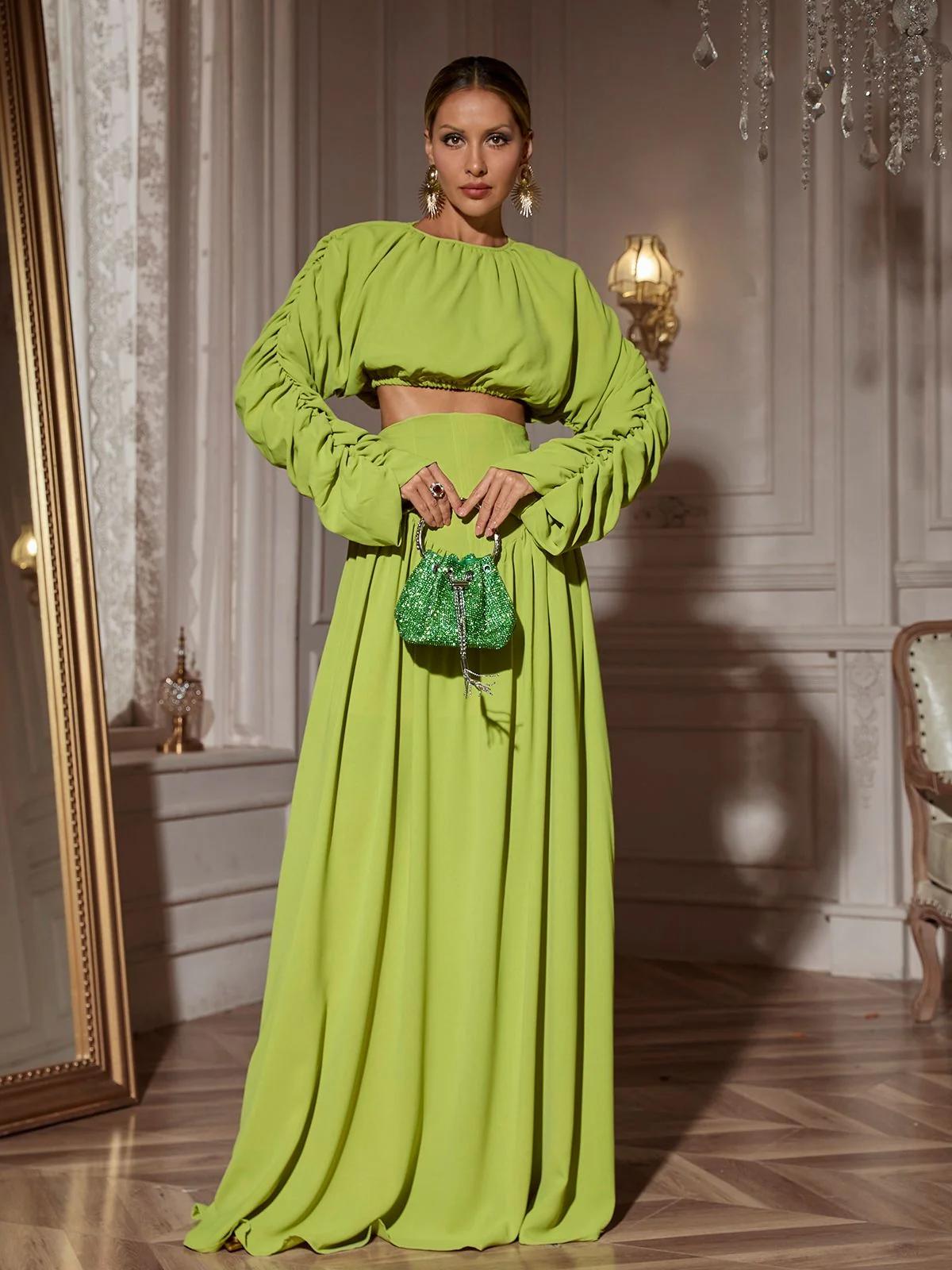 Ruched Long Sleeve Skirt Set in Green Lace-Up Detail