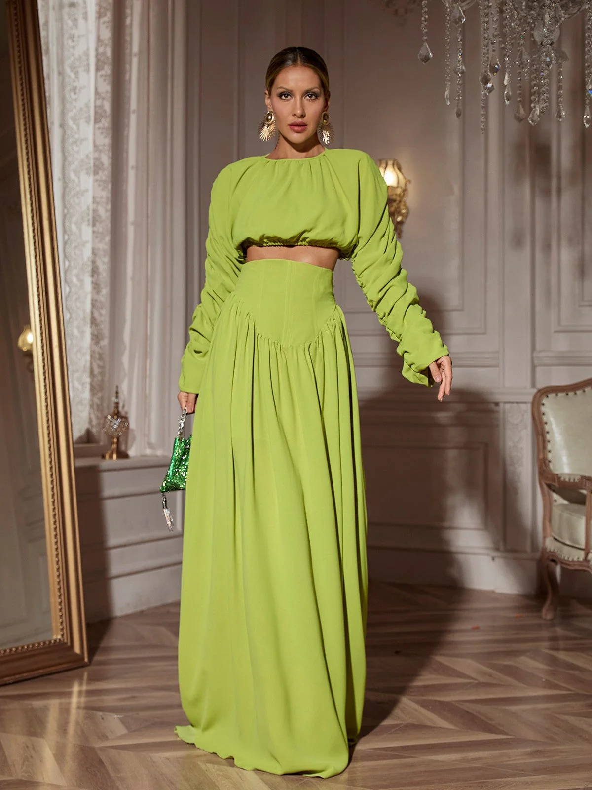 Ruched Long Sleeve Skirt Set in Green Lace-Up Detail