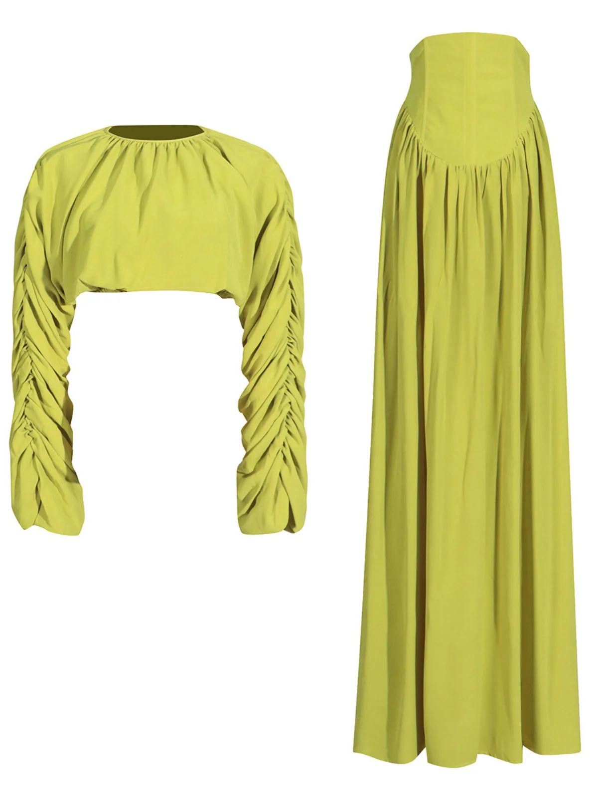 Ruched Long Sleeve Skirt Set in Green Lace-Up Detail
