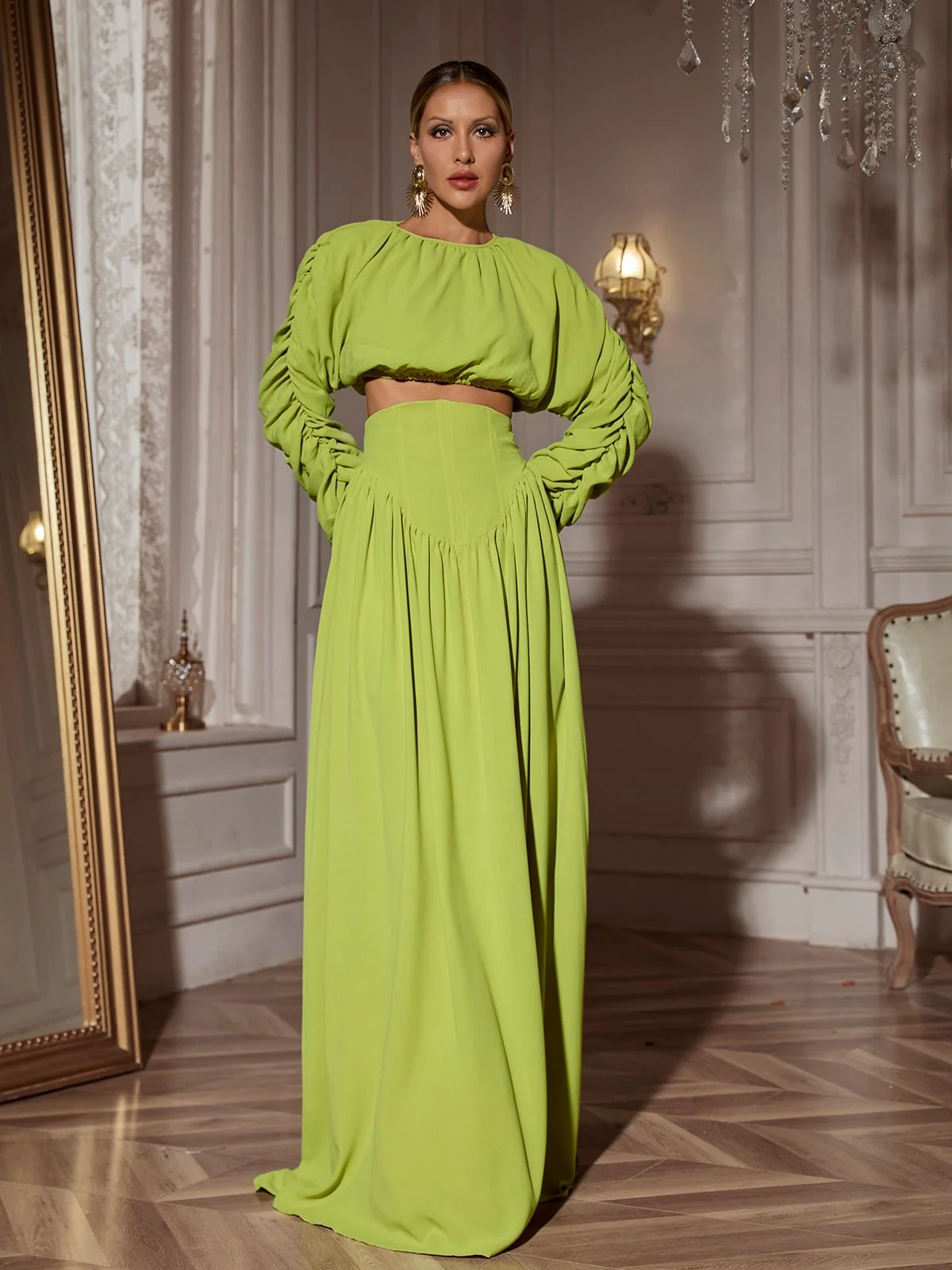 Ruched Long Sleeve Skirt Set in Green Lace-Up Detail