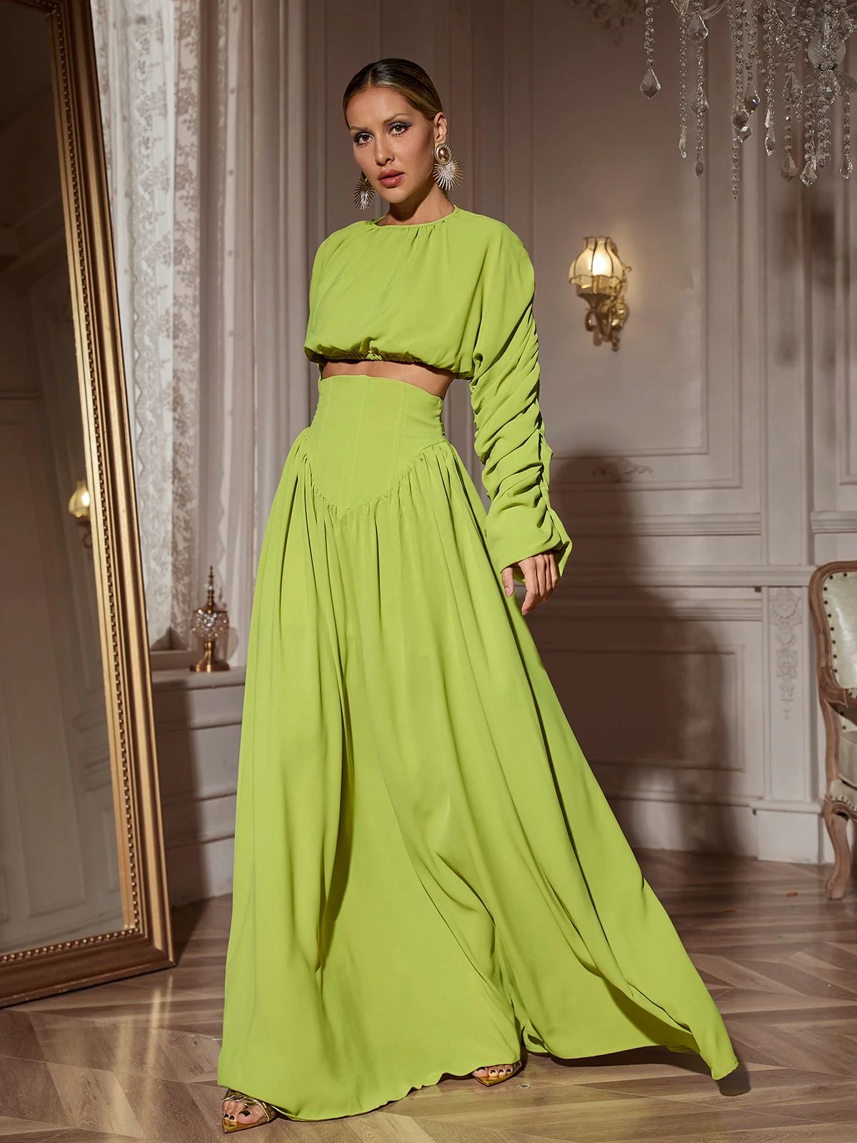 Ruched Long Sleeve Skirt Set in Green Lace-Up Detail