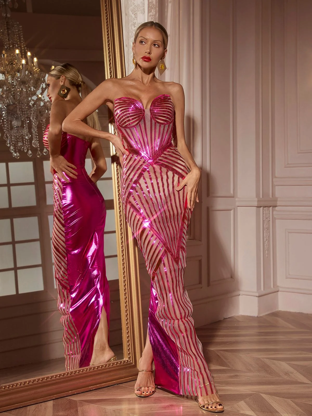 Elegant Strapless Cutout Maxi Dress in Pink