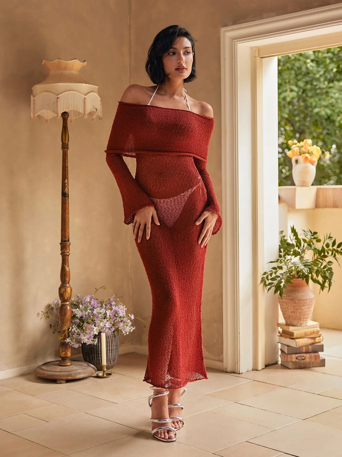 Red Knitted Off Shoulder Maxi Dress - Elegant & Comfortable