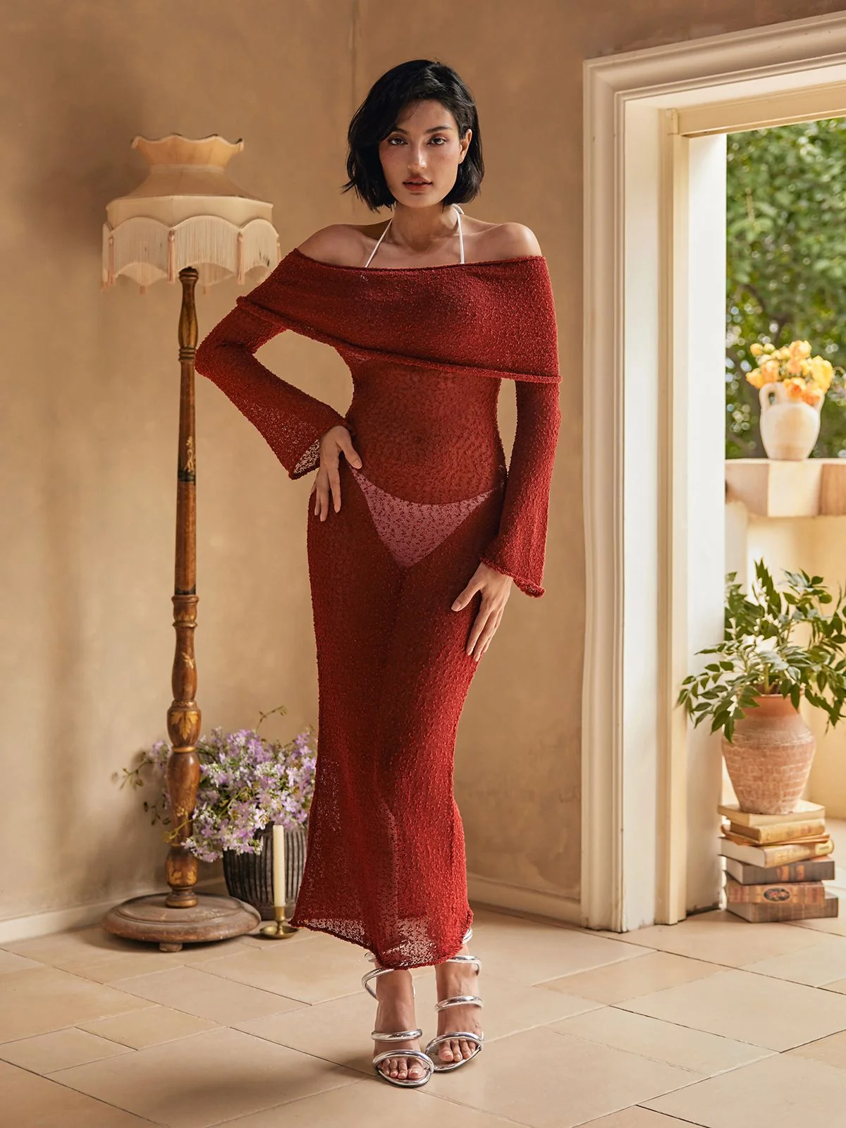 Red Knitted Off Shoulder Maxi Dress - Elegant & Comfortable
