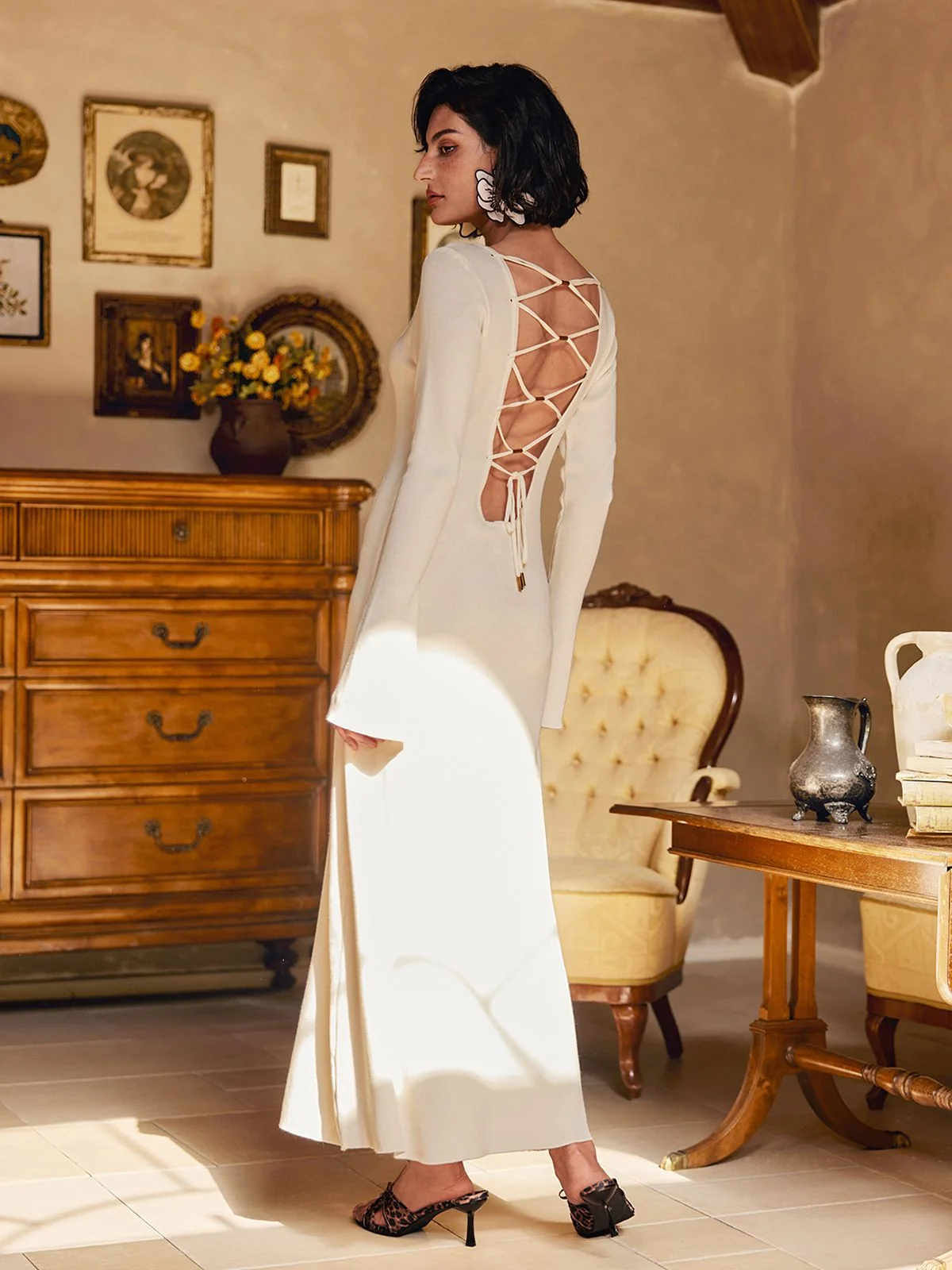 White Lace Up Maxi Dress with Backless Design