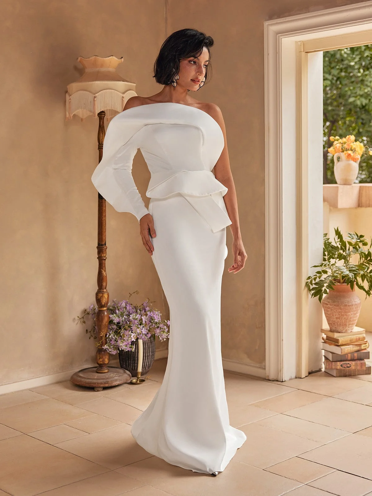 White Satin One Shoulder Maxi Dress