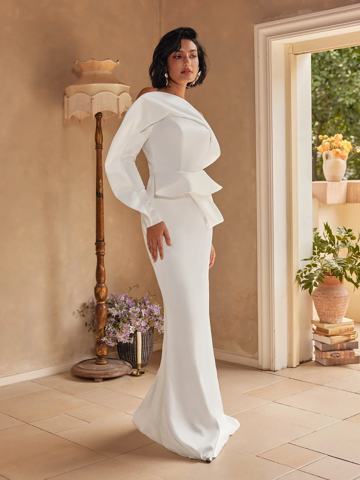 White Satin One Shoulder Maxi Dress