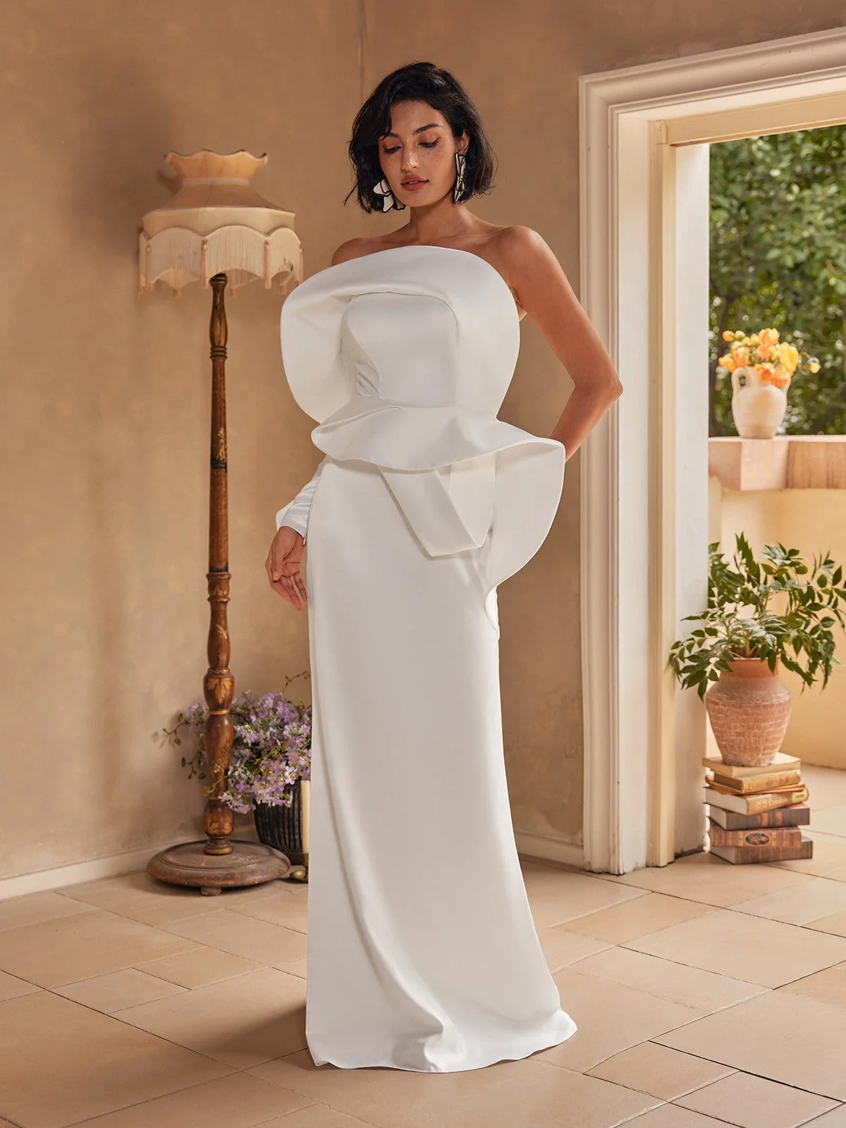 White Satin One Shoulder Maxi Dress