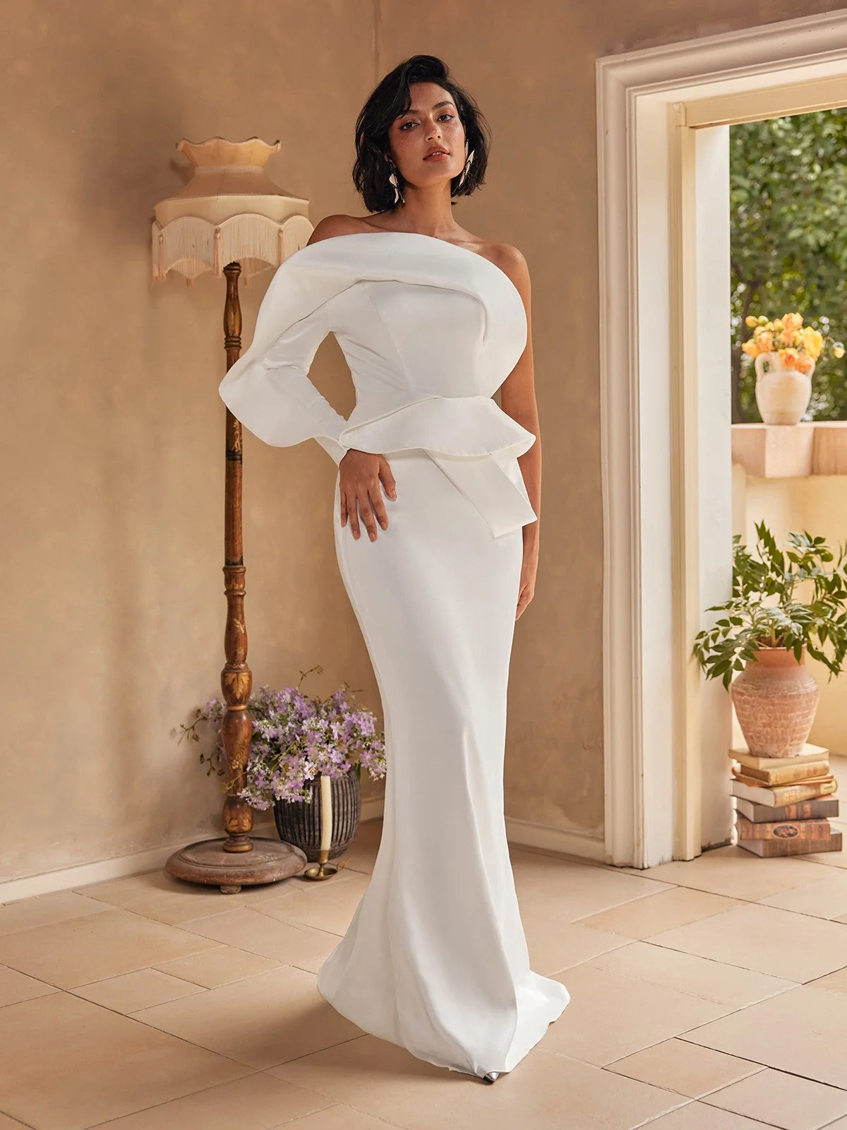 White Satin One Shoulder Maxi Dress