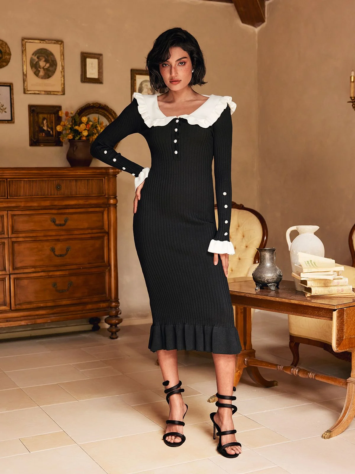 Ruffle Knit Long Sleeve Midi Dress - Chic & Comfortable