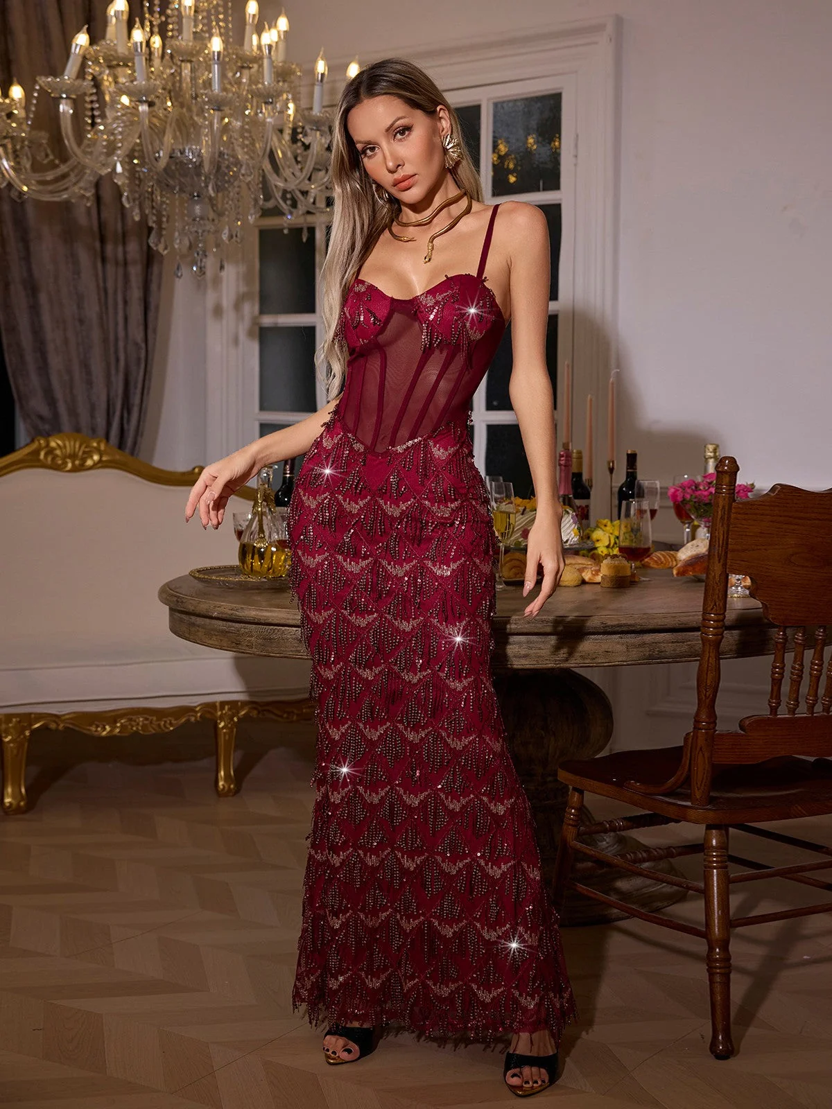 Red Sequin Fringe Maxi Dress - Elegant Statement Piece