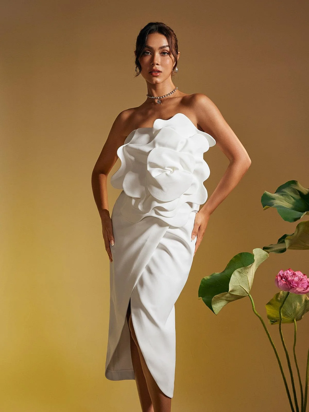 Floral Split Strapless Midi Dress White